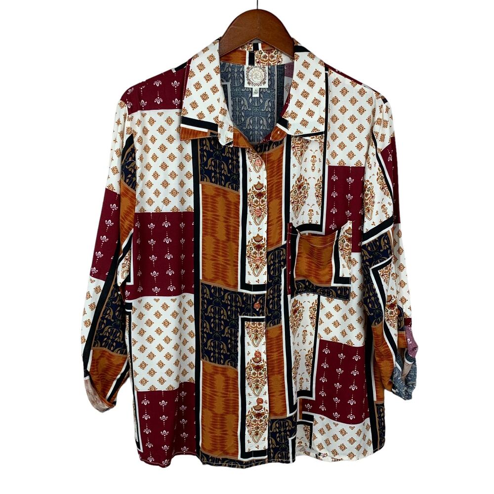 Tru Self Shirt Blouse Top Mixed Patterns Patchwork Button Front Women’s L